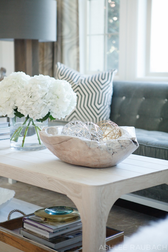modern living room and hydrangea and zgallerie bowl